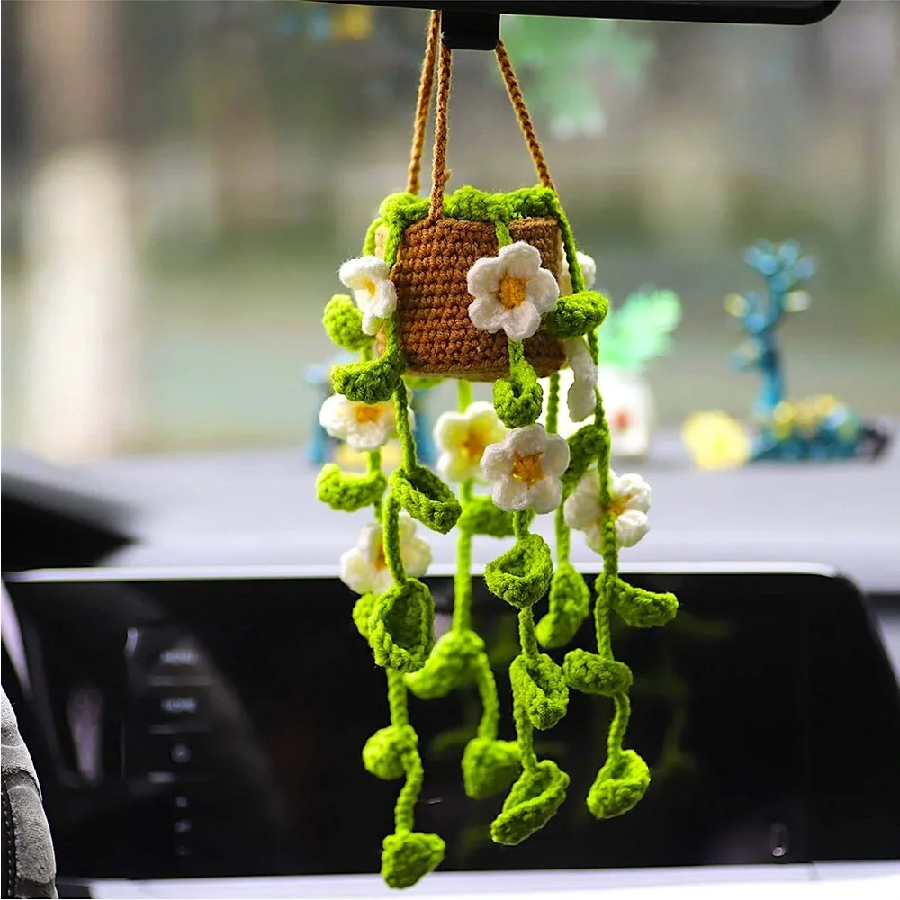 Handmade Woven Daisy Flower Plant Vine Pot Knit Car Mirror Hanging Accessory - Picture 6 of 6